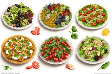 Salad on plate isolated on white background. Top view. Vector illustration.の素材