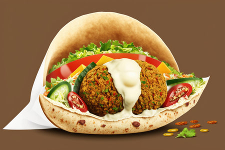 falafel in pita bread with sour cream and vegetables on brown backgroundの素材