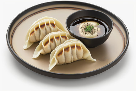 Plate of gyoza dumplings with sauce on white backgroundの素材