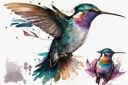watercolor painting of a hummingbird on a white background. vector illustrationの素材