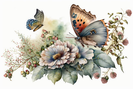 Beautiful watercolor illustration with nice butterfly and flowers on white backgroundの素材