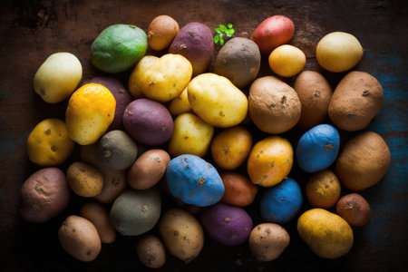 Potatoes and lemons on rustic wooden background. Toned.の素材