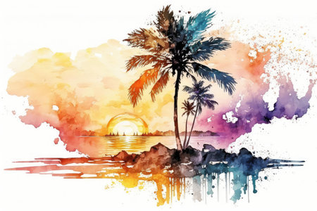 Tropical beach with palm trees and sunset on watercolor backgroundの素材