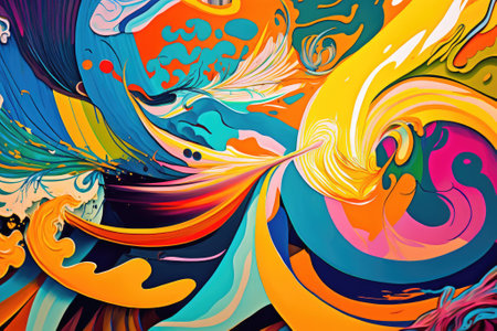 Abstract colorful background. Psychedelic texture of brush strokes of colored paint of different shapes and sizes.の素材