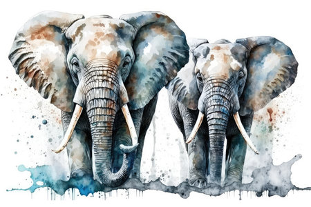 Watercolor hand drawn illustration of two elephants, isolated on white backgroundの素材