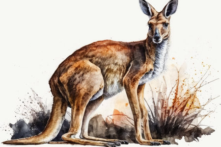 Watercolor illustration of a kangaroo standing in the grass.の素材