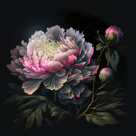 Beautiful peony flowers on black background. Hand-drawn illustration.の素材