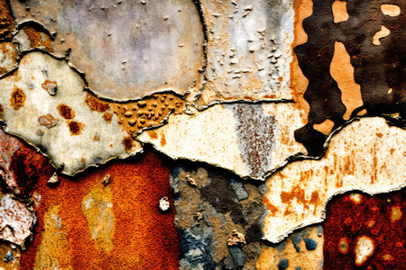 Grunge background of rusty old metal surface with peeling paintの素材