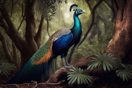 Beautiful peacock in the jungle,3d rendering. Computer digital drawing.の素材
