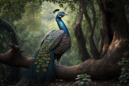 Peacock in the jungle. 3D render. Illustration.の素材