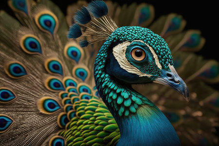 Beautiful peacock on black background, close-up portrait.の素材