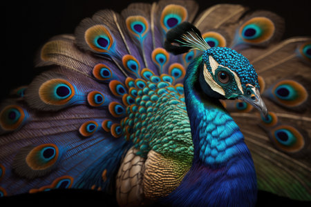 Beautiful peacock with colorful feathers on black background, closeupの素材