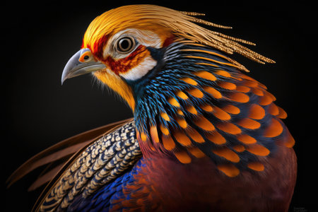 Golden pheasant isolated on black background. 3d illustration.の素材