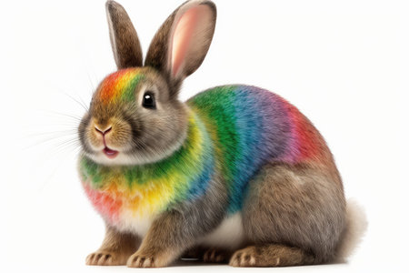 Rabbit with rainbow hair isolated on white background, studio shot.の素材