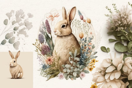 Easter composition with rabbit and flowers. Greeting card.の素材