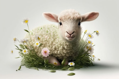 Sheep in the grass with daisies and eggs on white backgroundの素材