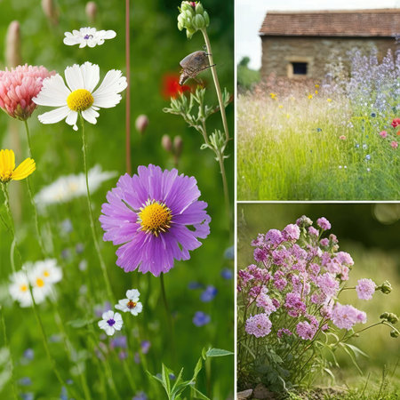 A collage of photos of wild flowers and a farm house.の素材