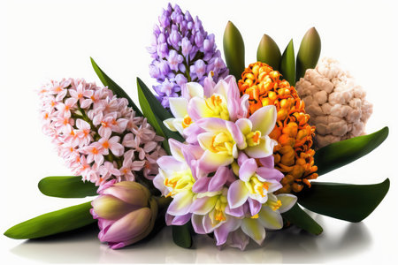 Beautiful bouquet of hyacinths and tulips on a white backgroundの素材