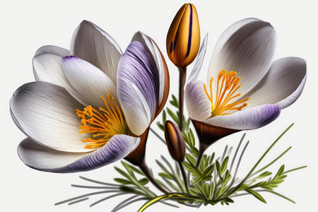 Spring crocus flowers on a white background. 3D illustration.の素材