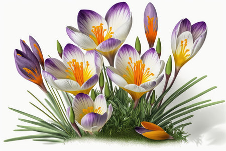Spring crocus flowers on a white background. 3D illustration.の素材