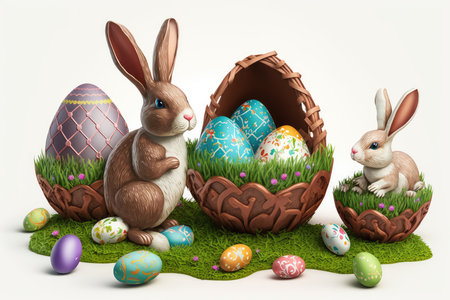 Easter bunny and easter eggs in a basket on a white backgroundの素材