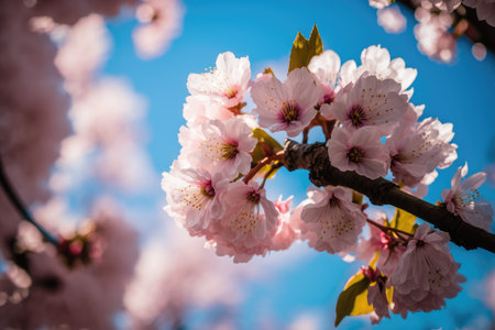 cherry blossom in spring time with blue sky background. soft focusの素材