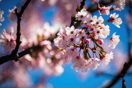cherry blossom in spring, sakura flowers on blue sky backgroundの素材