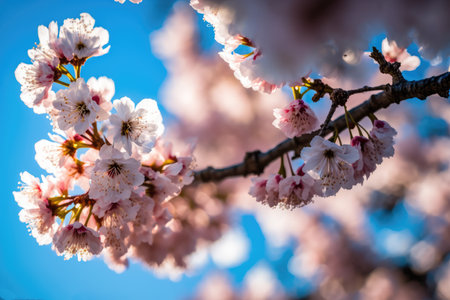 cherry blossom in spring time on blue sky background with soft focusの素材
