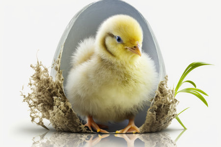 Little yellow chicken in a egg shell on a white background with reflectionの素材