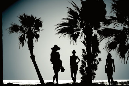 Silhouette of two girls walking on the beach against palm treesの素材