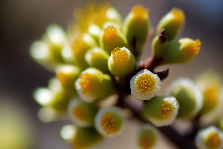 Macro shot of a branch of a tree with flowers and budsの素材