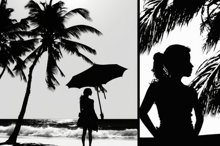 Silhouette of a beautiful woman on the beach with umbrella.の素材