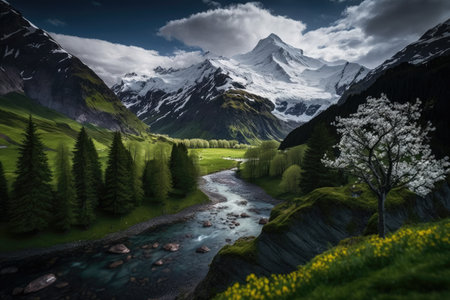 Mountain landscape with river and snow-capped peaks. Switzerlandの素材