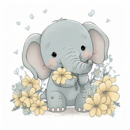 Cute baby elephant with flowers. Hand drawn vector illustration isolated on white backgroundの素材