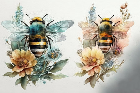Watercolor illustration of two bees and flowers on a white background.の素材