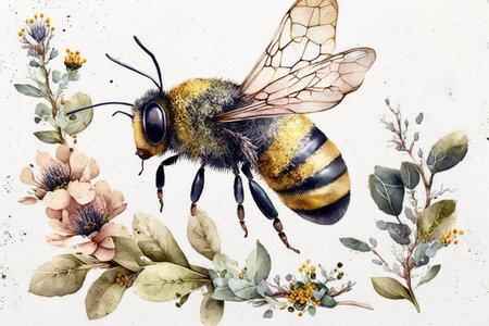 watercolor painting of bee with flowers and eucalyptusの素材