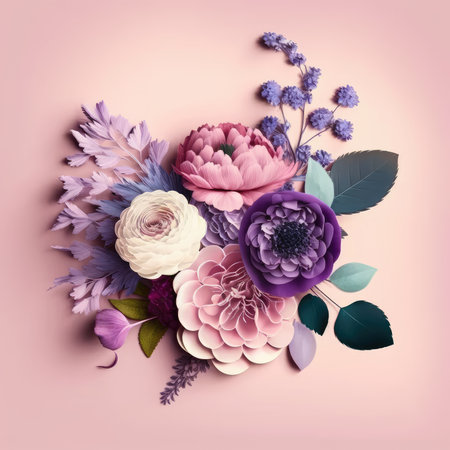Creative layout made of flowers on pink background. Flat lay, top viewの素材