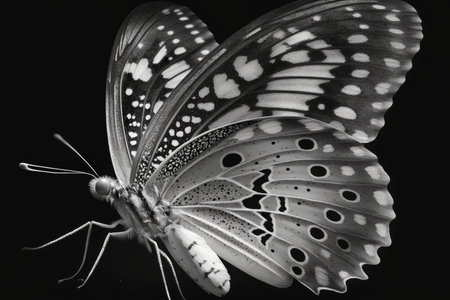 Butterfly on a black background. Black and white photo.の素材