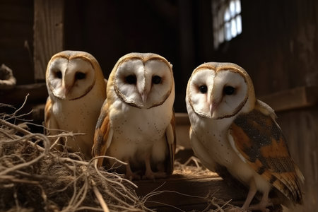 Three barn owls sitting in the hay and looking into the cameraの素材