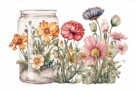 Watercolor illustration of a glass jar with flowers on a white backgroundの素材
