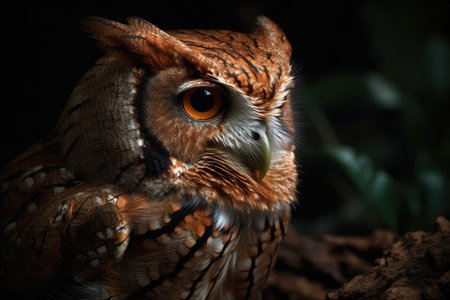 Portrait of a beautiful owl with brown eyes in the dark.の素材
