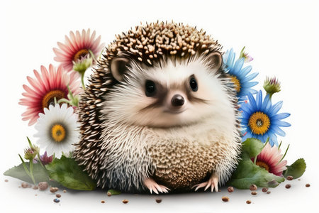 Hedgehog with flowers on a white background. 3d illustration.の素材