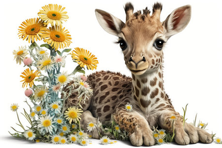 Funny baby giraffe with daisy flowers, isolated on whiteの素材