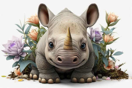 Cute baby rhinoceros with flowers on a white backgroundの素材