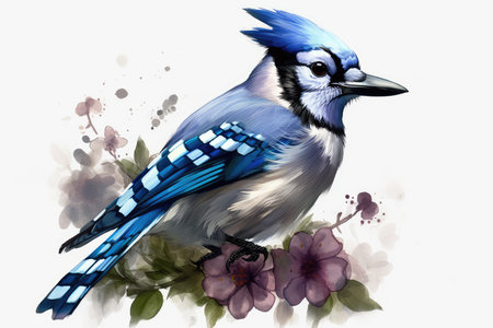 Blue jay bird with flowers on a white background. Digital painting.の素材