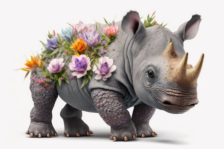 Rhinoceros with a bouquet of flowers isolated on white backgroundの素材