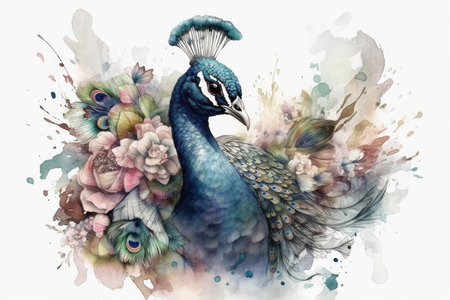 Beautiful peacock with flowers isolated on white background. Watercolor paintingの素材