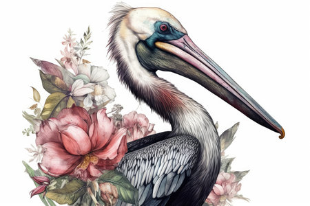Watercolor illustration of a pelican with a bouquet of flowersの素材