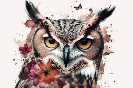 Watercolor portrait of an owl with red flowers on a white backgroundの素材