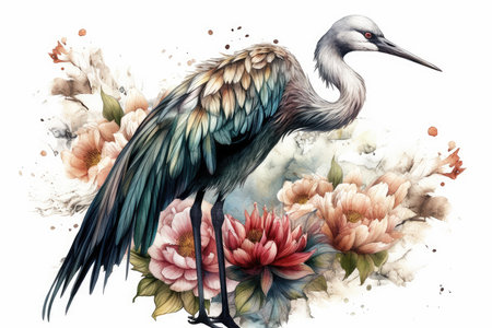 Watercolor painting of a crane and flowers. Hand drawn illustration.の素材